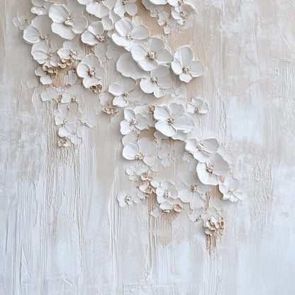 White and Beige Wabi-Sabi Floral Impasto Painting – Blossom Cascade