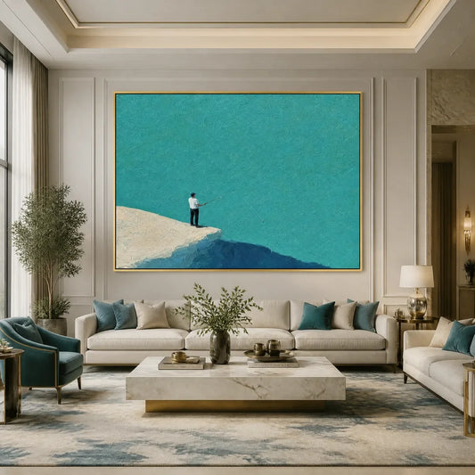 Blue Horizon hand-painted ocean blue and ivory textured coastal abstract painting