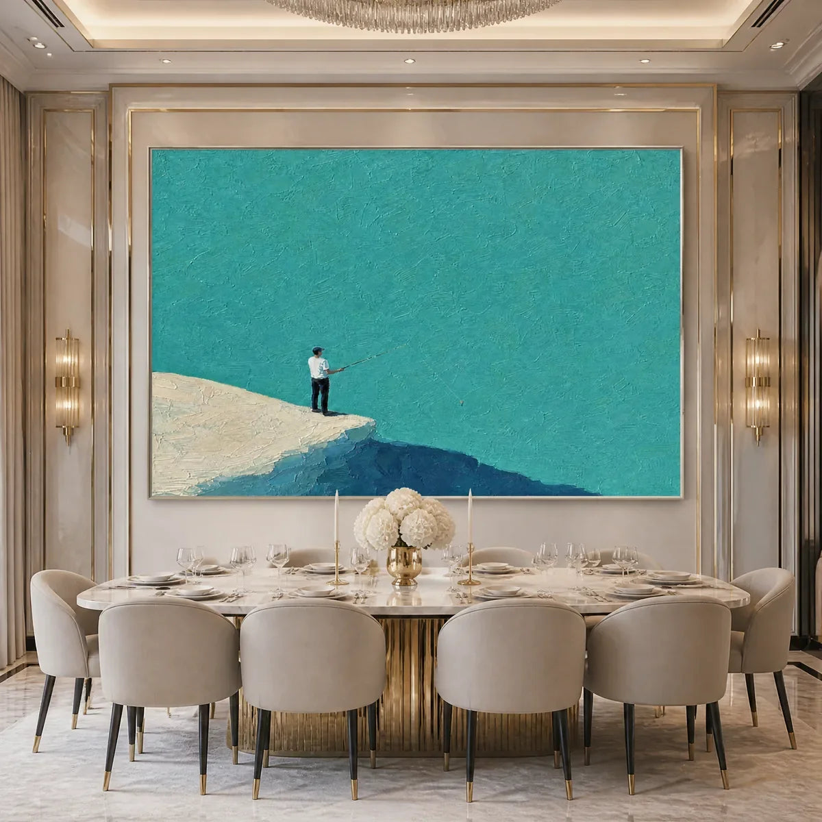 Blue Horizon hand-painted ocean blue and ivory textured coastal abstract painting