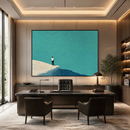 Blue Horizon hand-painted ocean blue and ivory textured coastal abstract painting