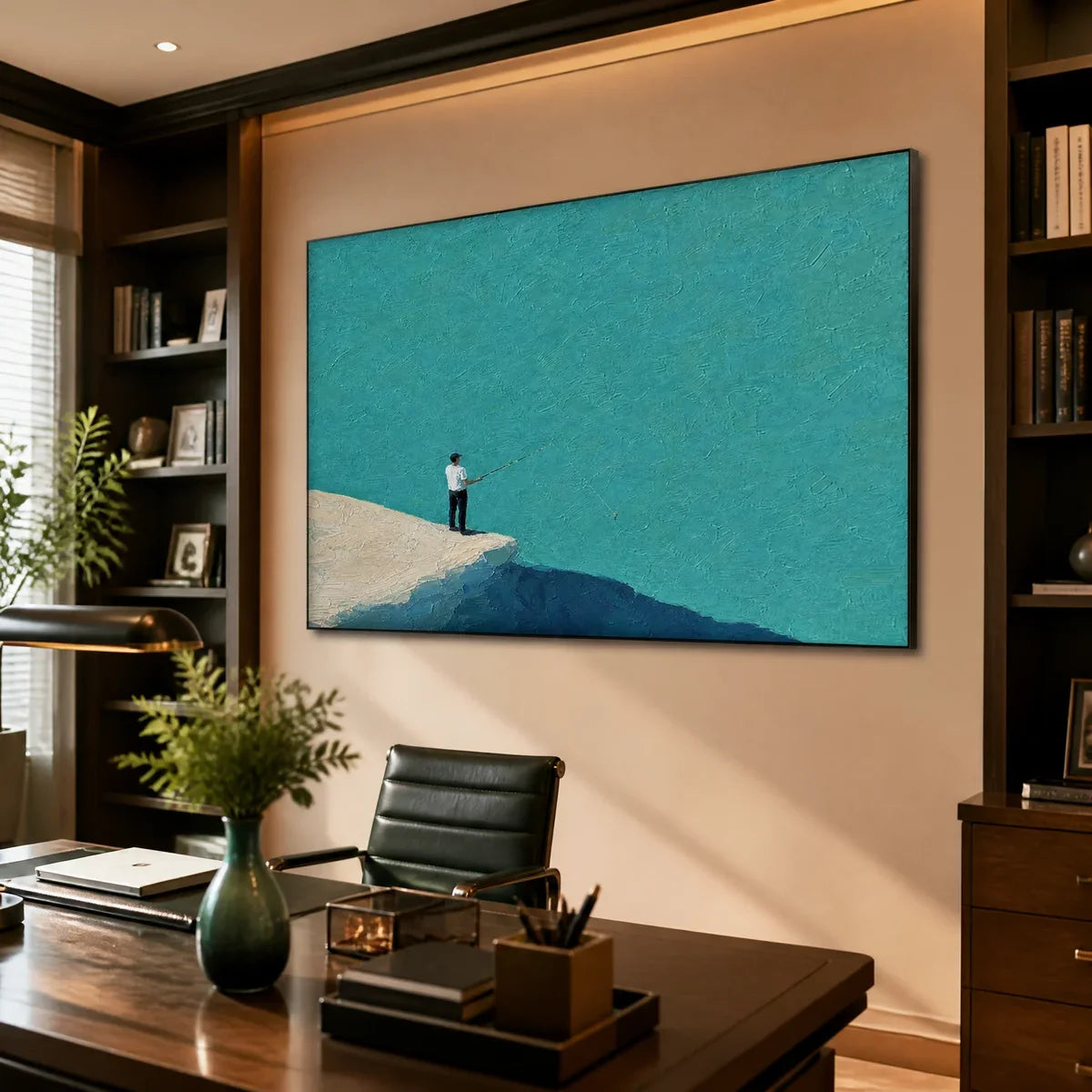 Blue Horizon hand-painted ocean blue and ivory textured coastal abstract painting