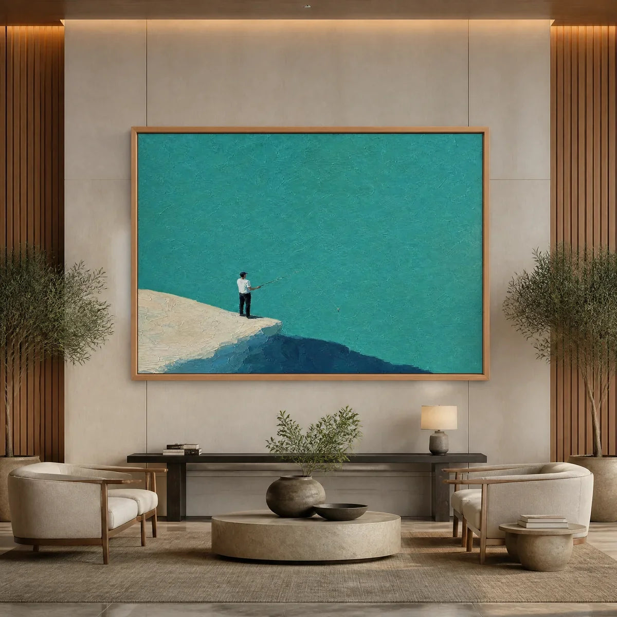 Blue Horizon hand-painted ocean blue and ivory textured coastal abstract painting