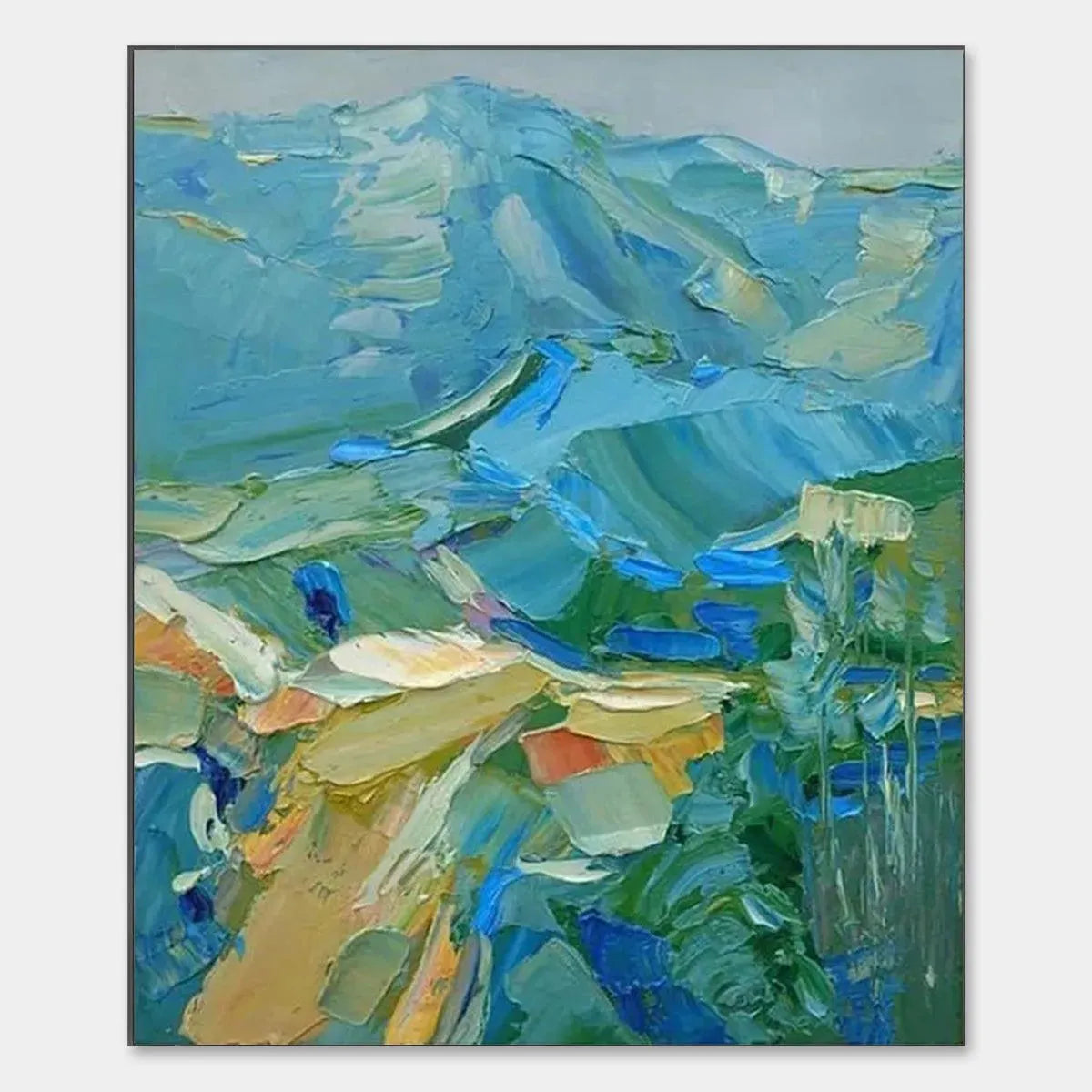 Blue Ridge Mountains hand-painted ocean blue and ivory textured mountain landscape painting rolled canvas option