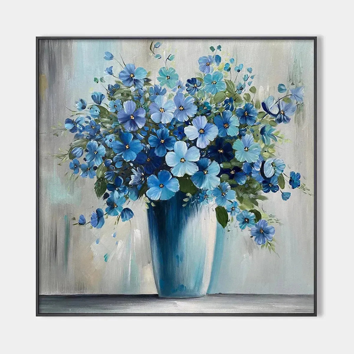 Serene Waters hand-painted ocean blue and green textured forest landscape painting shown with gold frame