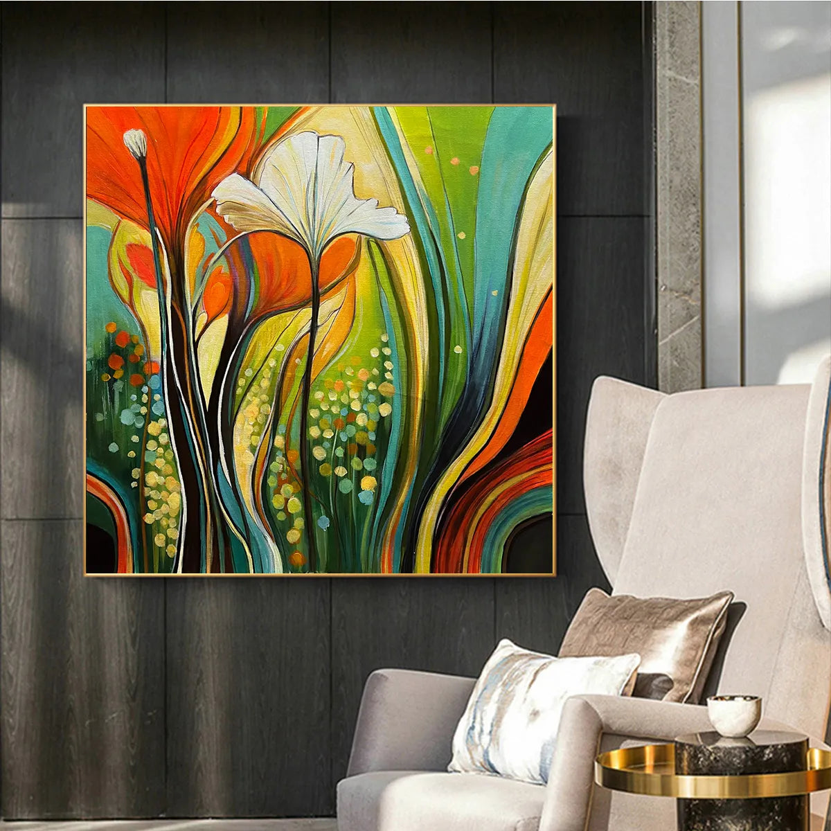 Emerald and Amber Abstract Floral Oil Painting – Botanical Symphony
