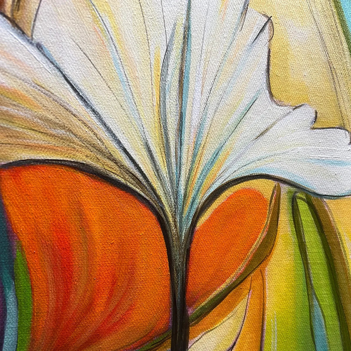 Emerald and Amber Abstract Floral Oil Painting – Botanical Symphony