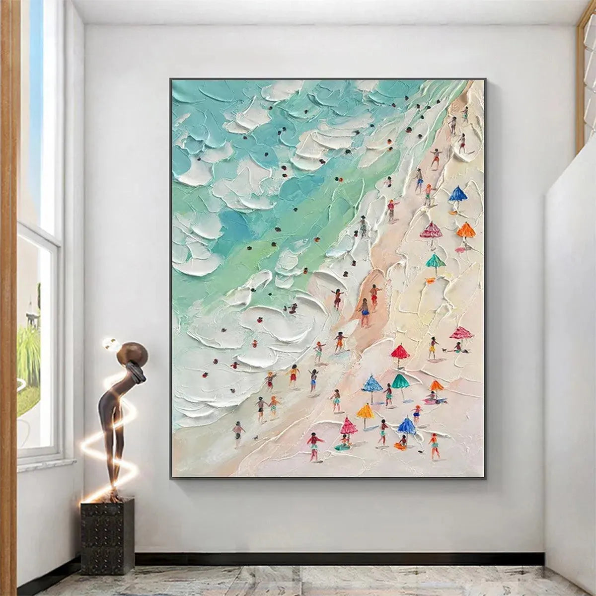 Beach Day hand-painted ocean blue, ivory and soft neutral tones textured beach scene painting shown with gold frame