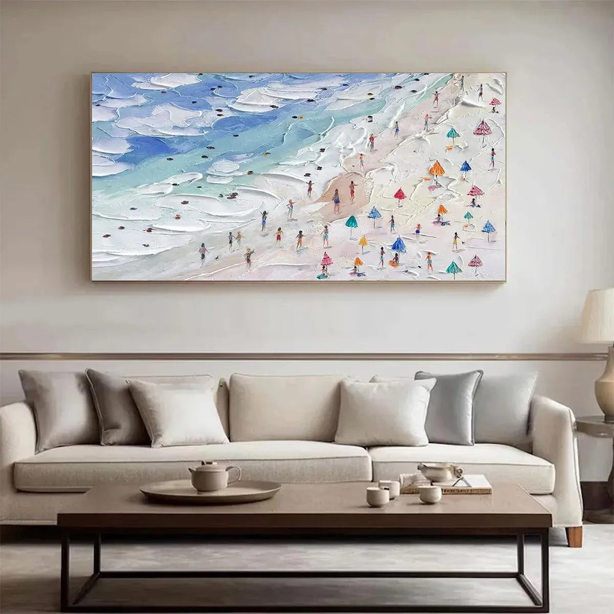 Beach Day Vibes hand-painted ocean blue, ivory and soft neutral tones textured beach scene painting shown as stretched canvas