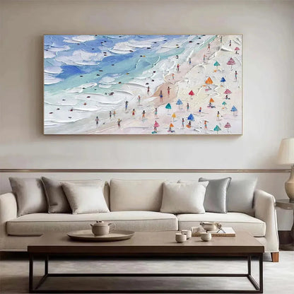 Beach Day Vibes hand-painted ocean blue, ivory and soft neutral tones textured beach scene painting shown as stretched canvas