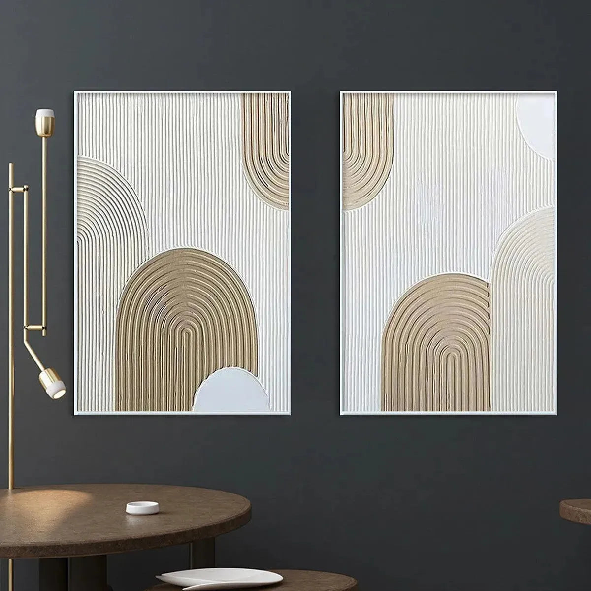 White and Beige Wabi-Sabi Abstract Textured Oil Painting – Beige Textured Arches Diptych