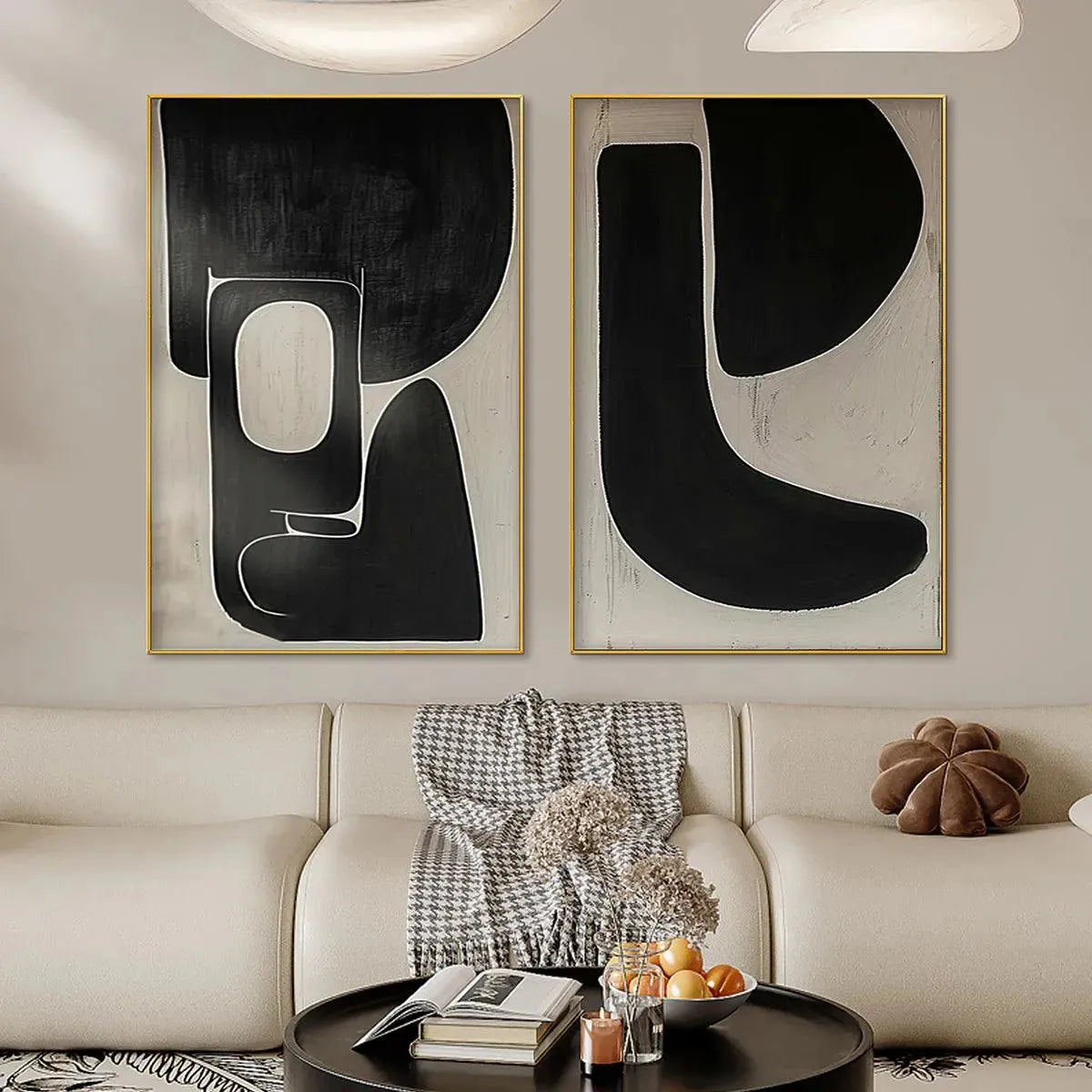 Black & Beige Abstract Diptych Ii – Wabi-Sabi Geometric Oil Painting, view 5