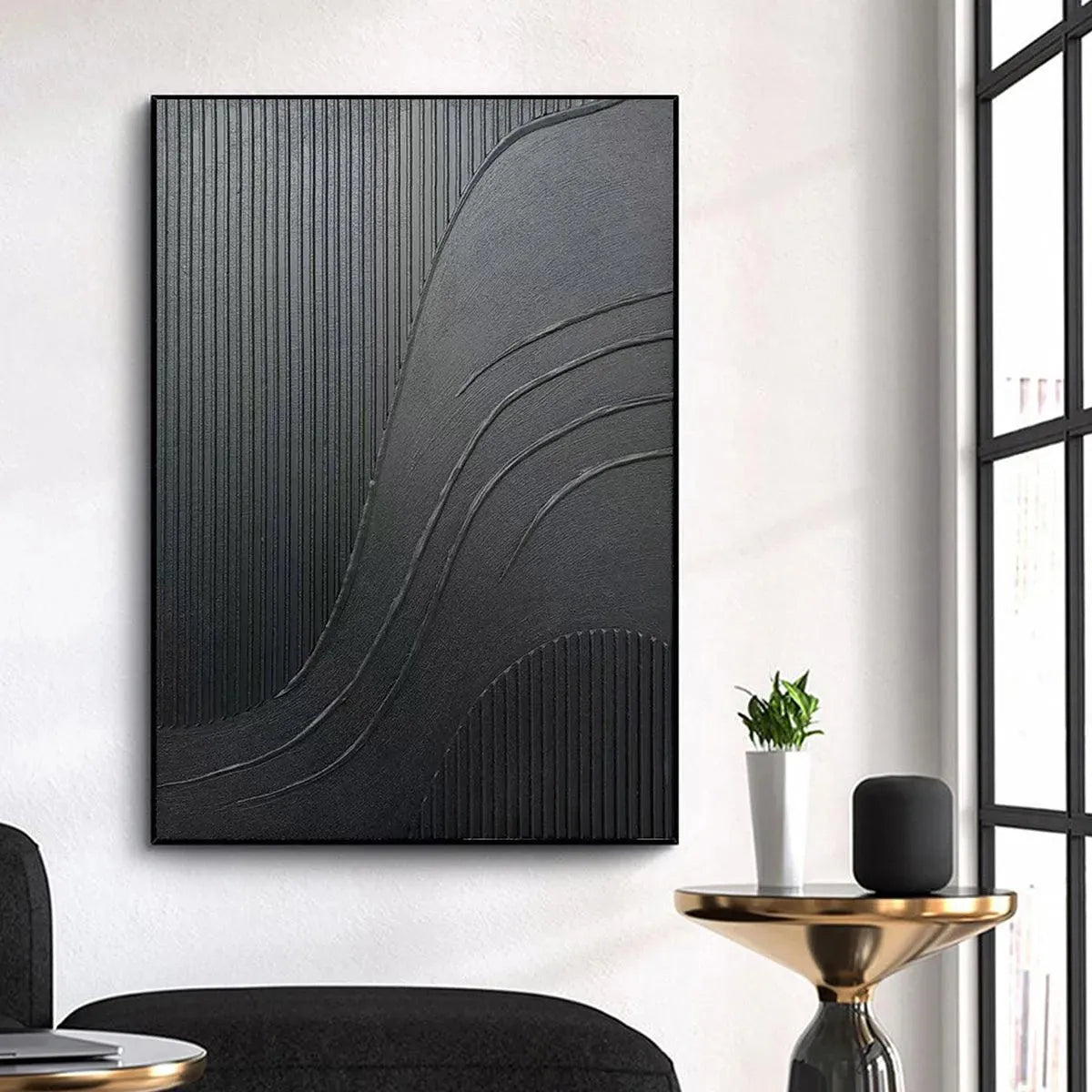 Black Textured Curves – Wabi-Sabi Abstract Oil Painting, view 2