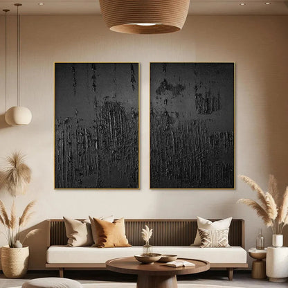 Black Textured Diptych – Wabi-Sabi Abstract Oil Painting, view 2