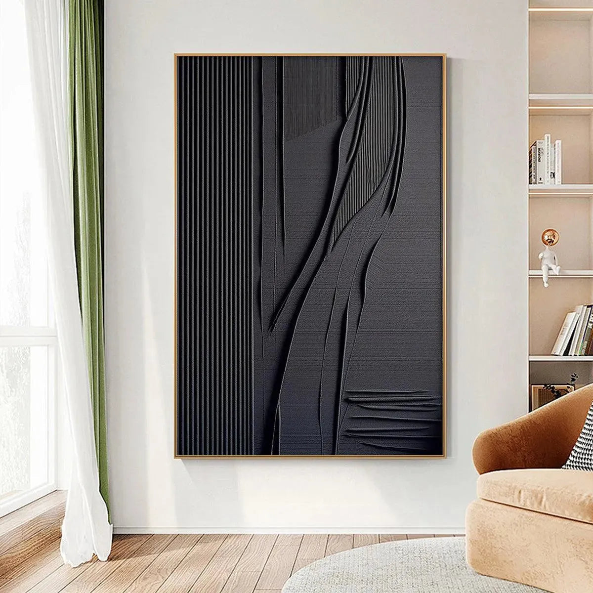 Black Wabi-Sabi Abstract Textured Oil Painting – Black Textured Lines And Curves