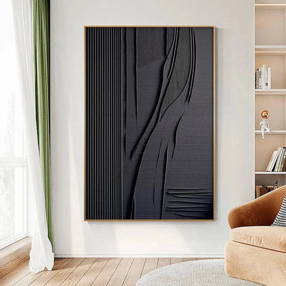 Black Wabi-Sabi Abstract Textured Oil Painting – Black Textured Lines And Curves