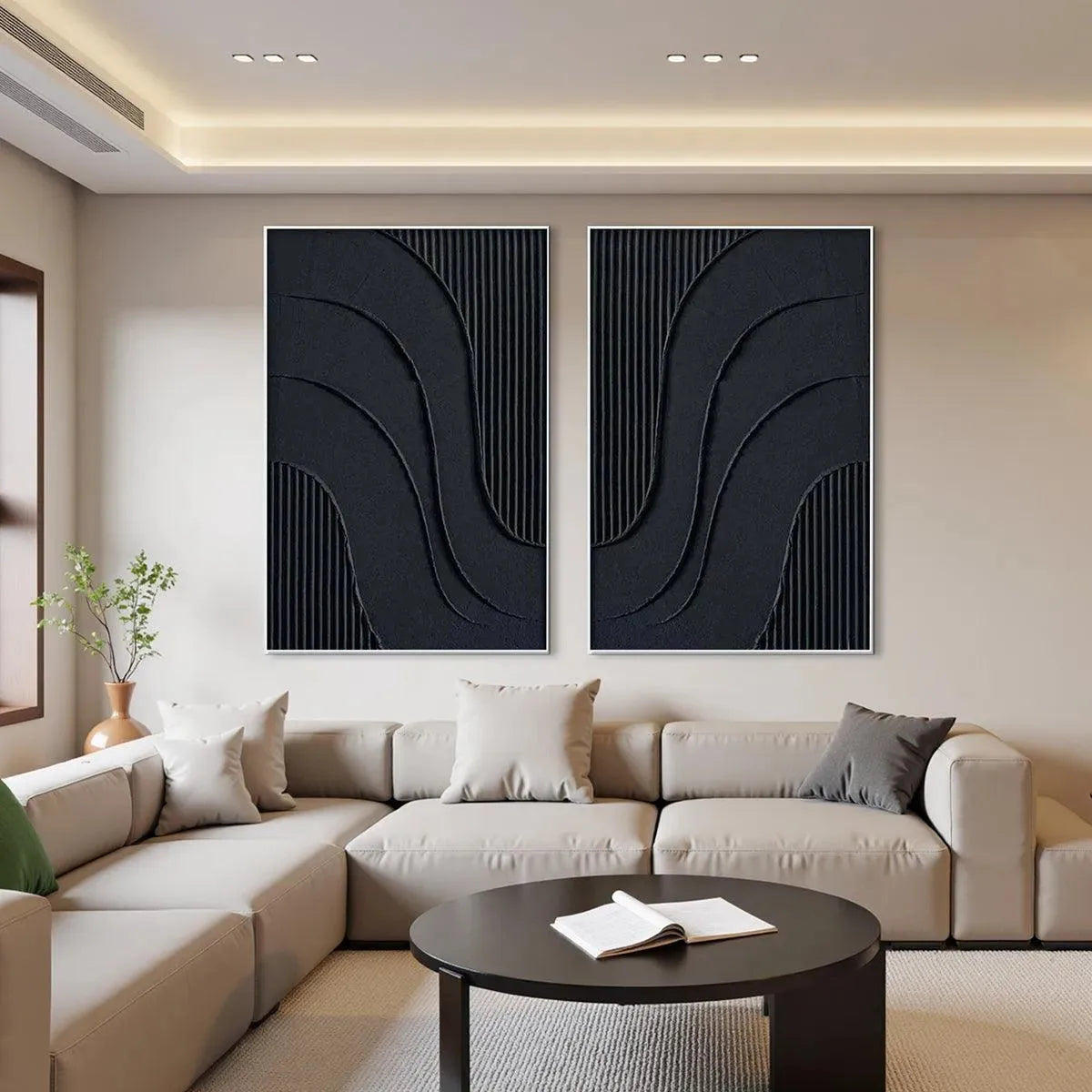 Black Textured Waves Diptych – Wabi-Sabi Seascape Oil Painting, view 2
