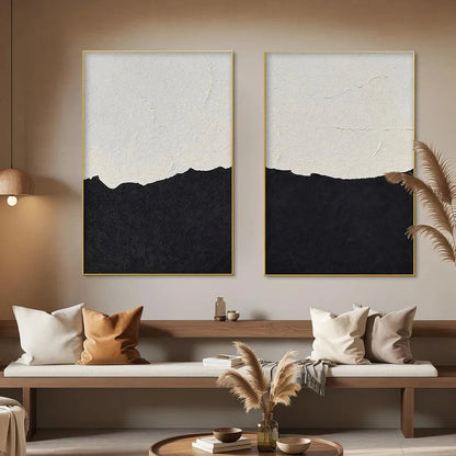 Black & White Abstract Landscape Diptych – Wabi-Sabi Landscape Oil Painting, view 2