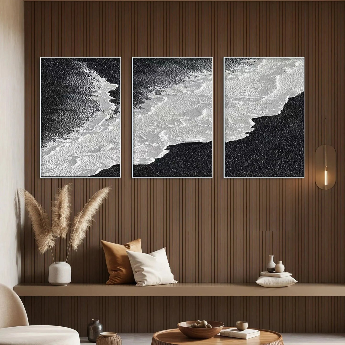 Black & White Ocean Triptych hand-painted white and black textured coastal abstract painting rolled canvas option