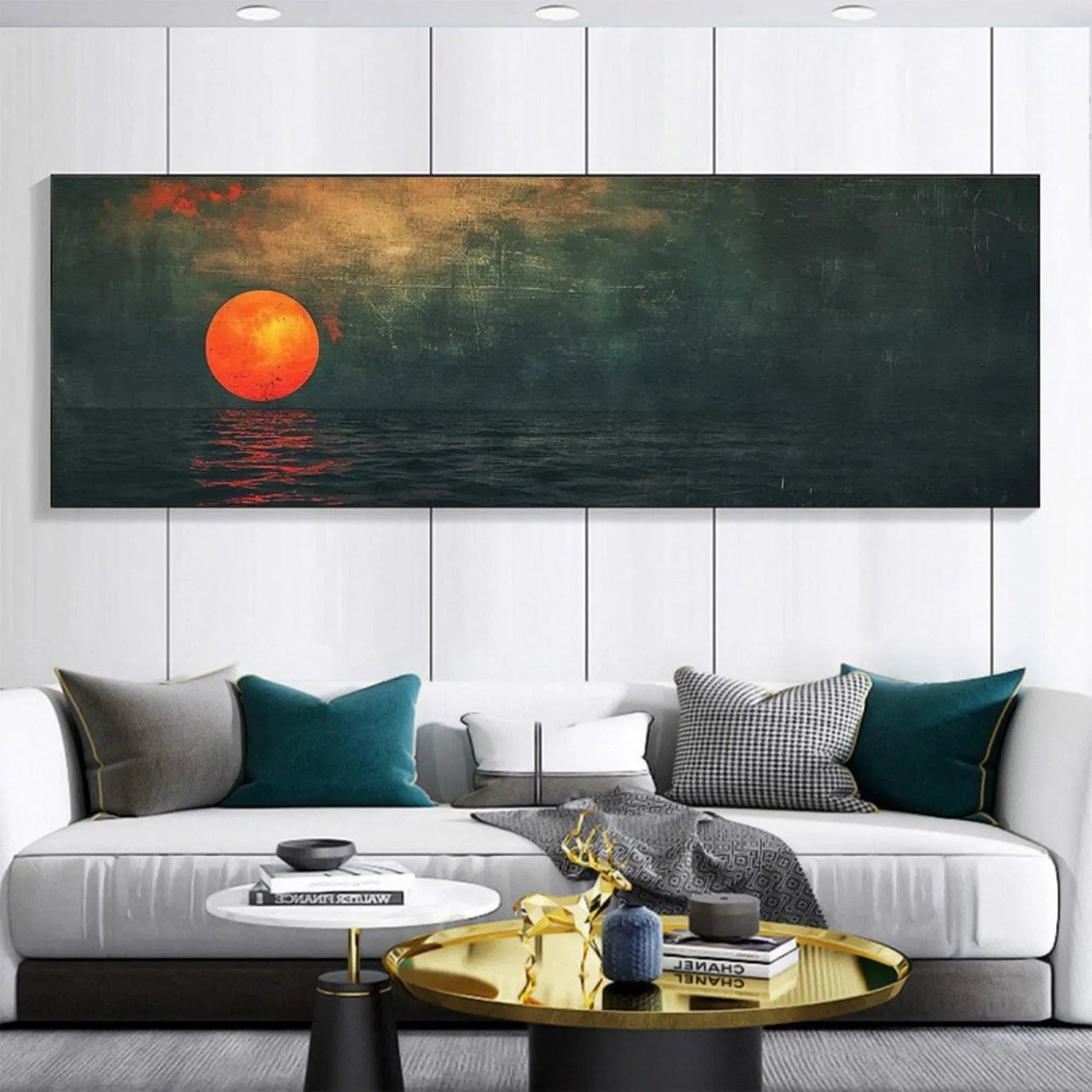 Blood Moon hand-painted ocean blue, ivory and soft neutral tones textured sunset seascape painting shown as stretched canvas