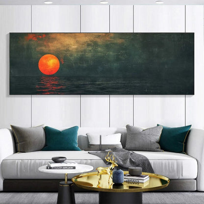 Blood Moon hand-painted ocean blue, ivory and soft neutral tones textured sunset seascape painting shown as stretched canvas
