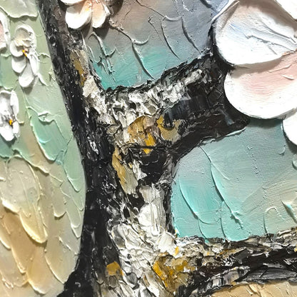 Blue and Gold Cherry Blossom Impasto Painting – Blossom Serenade