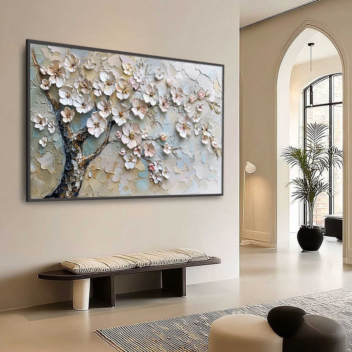 Blue and Gold Cherry Blossom Impasto Painting – Blossom Serenade