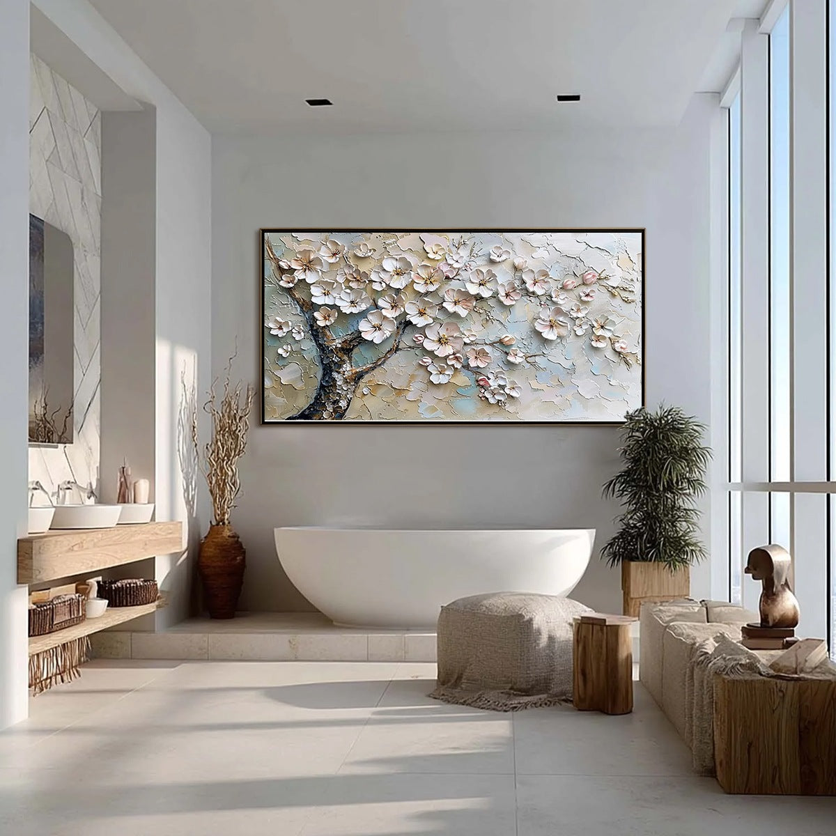 Blue and Gold Cherry Blossom Impasto Painting – Blossom Serenade