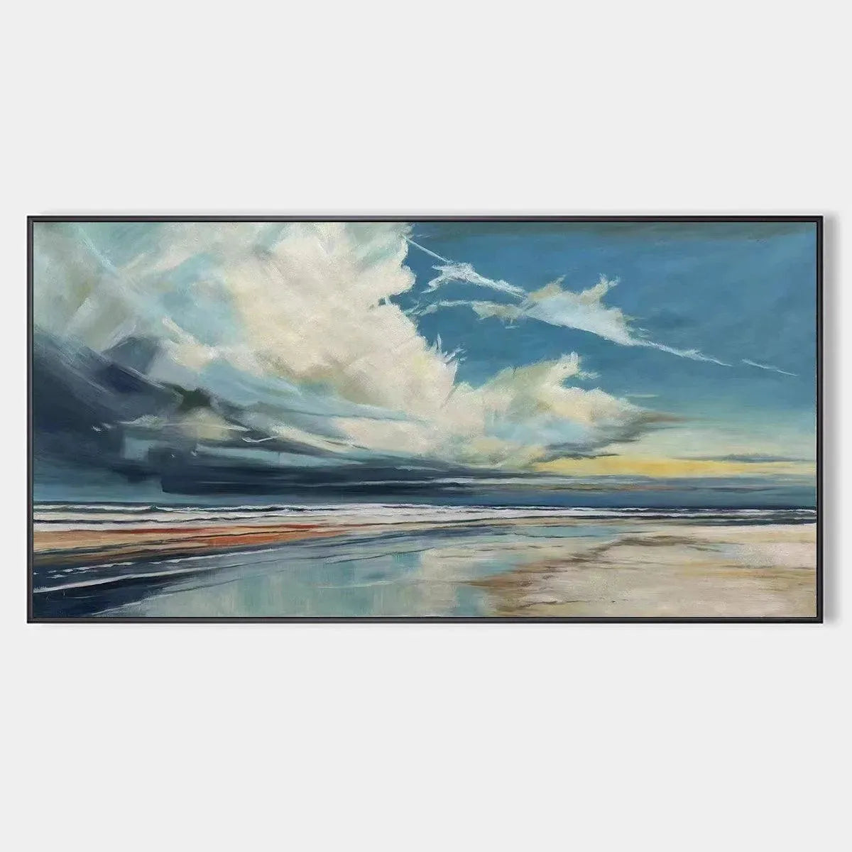 Blue Beachscape hand-painted ocean blue and ivory textured seascape painting rolled canvas option
