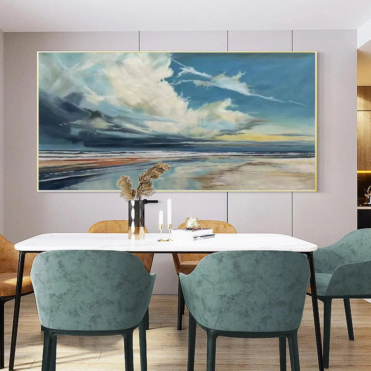 Blue Beachscape hand-painted ocean blue and ivory textured seascape painting shown as stretched canvas