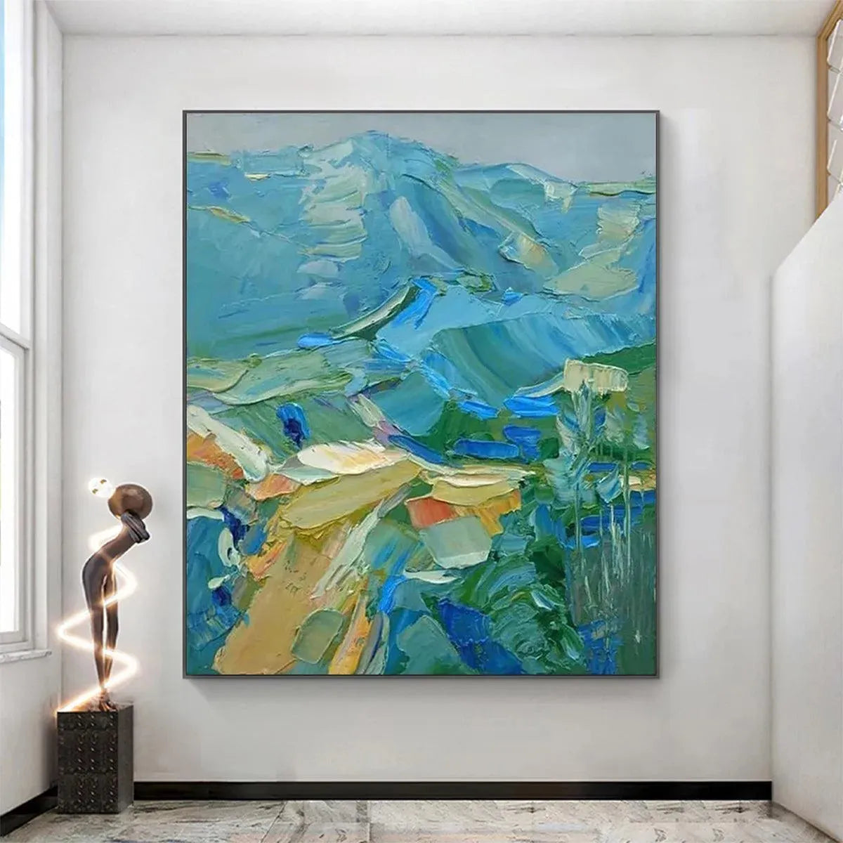 Blue Ridge Mountains hand-painted ocean blue and ivory textured mountain landscape painting shown as stretched canvas