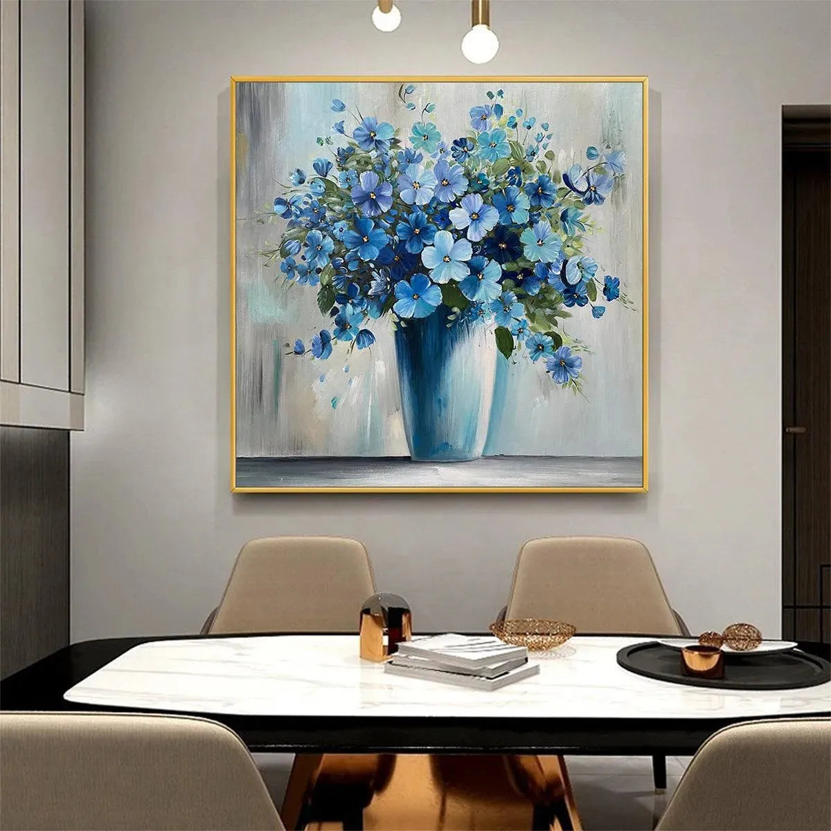 Blue Floral Still Life Painting – Blue Serenity