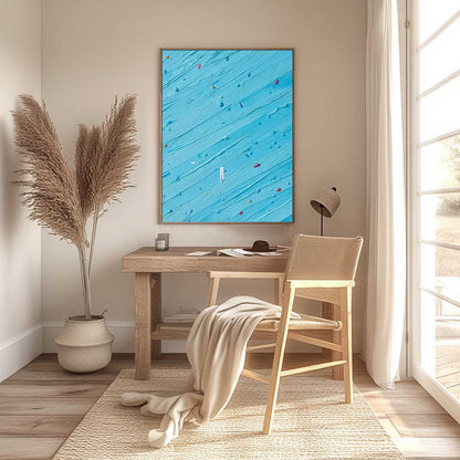 Candy Rain hand-painted ocean blue and ivory textured coastal abstract painting shown with silver frame