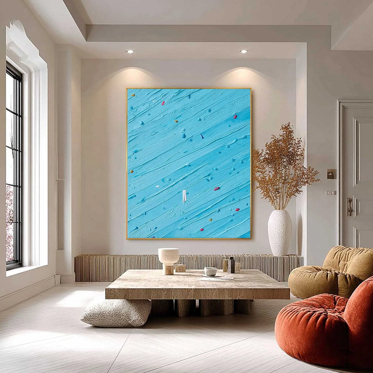 Candy Rain hand-painted ocean blue and ivory textured coastal abstract painting shown with black frame