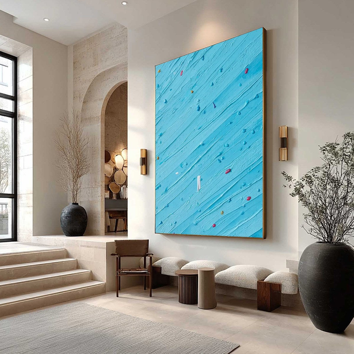 Candy Rain hand-painted ocean blue and ivory textured coastal abstract painting shown with wood frame