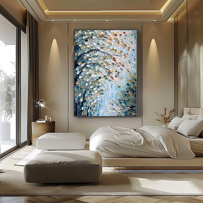 Blue and Teal Abstract Tree Impasto Painting – Cascading Petals