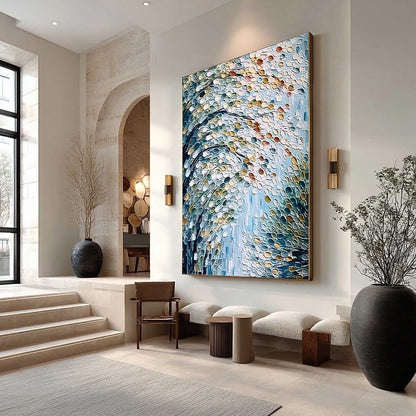 Blue and Teal Abstract Tree Impasto Painting – Cascading Petals