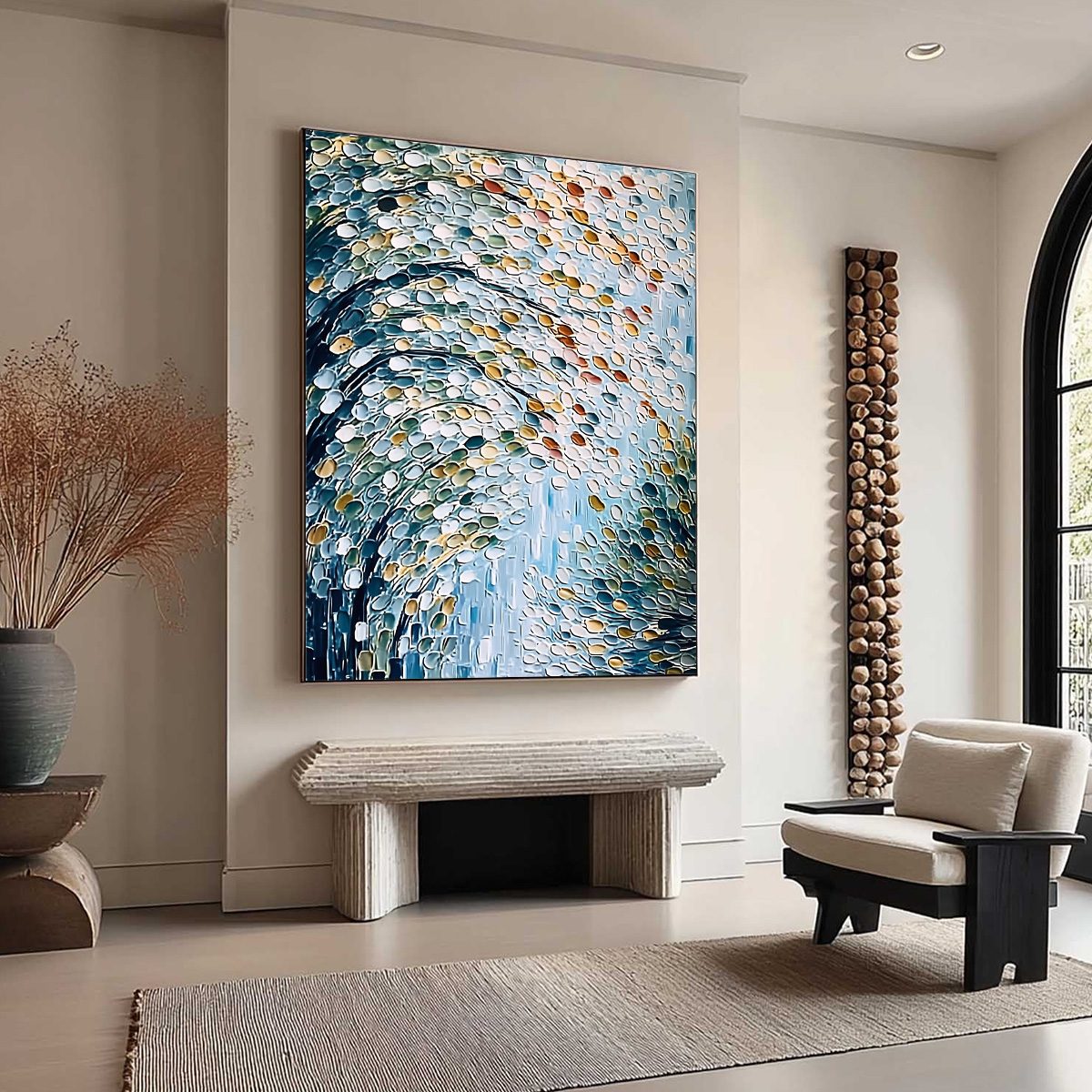 Blue and Teal Abstract Tree Impasto Painting – Cascading Petals