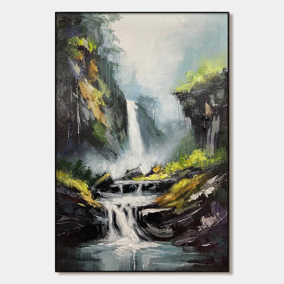 Cascading Mist hand-painted slate blue, ivory and soft grey textured waterfall mountain landscape painting rolled canvas option