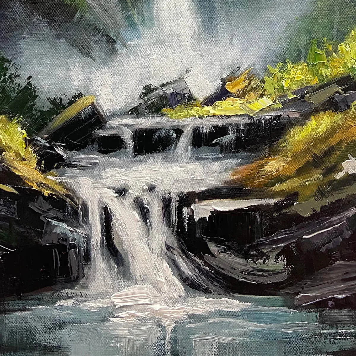 Cascading Mist hand-painted slate blue, ivory and soft grey textured waterfall mountain landscape painting shown with gold frame