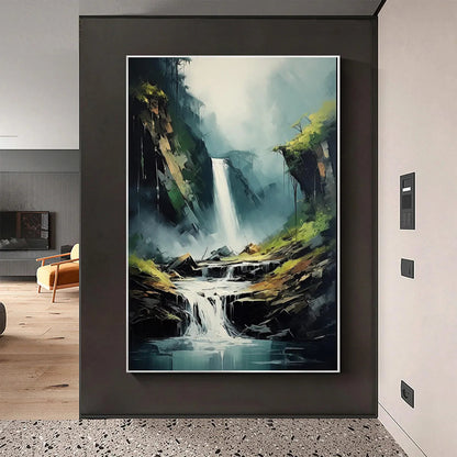 Cascading Mist hand-painted slate blue, ivory and soft grey textured waterfall mountain landscape painting shown as stretched canvas