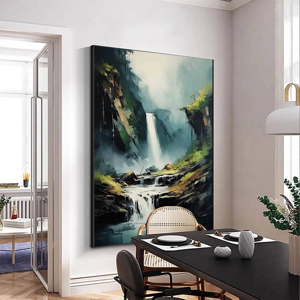 Cascading Mist hand-painted slate blue, ivory and soft grey textured waterfall mountain landscape painting shown with white frame