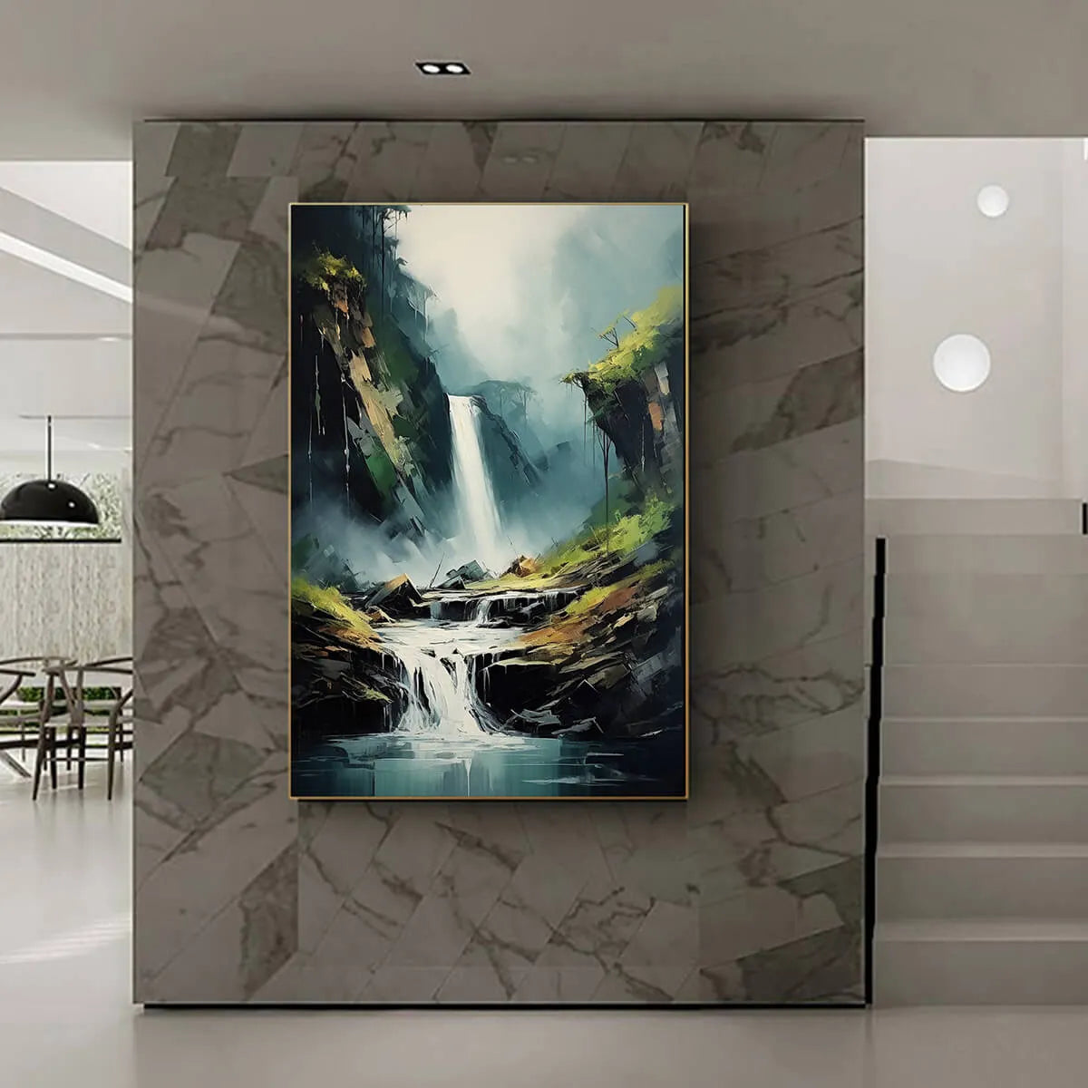Cascading Mist hand-painted slate blue, ivory and soft grey textured waterfall mountain landscape painting shown with wood frame
