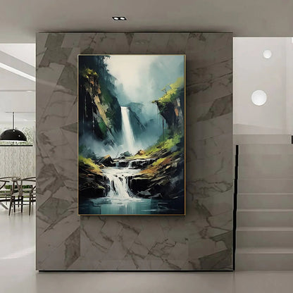 Cascading Mist hand-painted slate blue, ivory and soft grey textured waterfall mountain landscape painting shown with wood frame