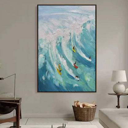 Catching The Wave hand-painted ocean blue, ivory and soft neutral tones textured surfer ocean painting rolled canvas option