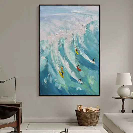 Catching The Wave hand-painted ocean blue, ivory and soft neutral tones textured surfer ocean painting rolled canvas option
