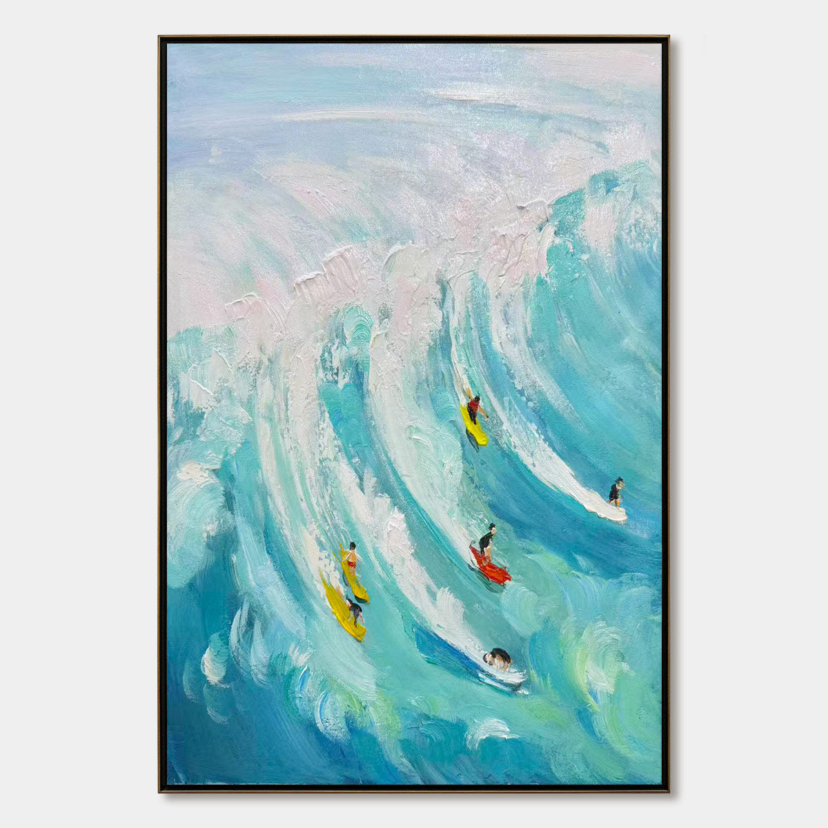 Catching The Wave hand-painted ocean blue, ivory and soft neutral tones textured surfer ocean painting shown with silver frame