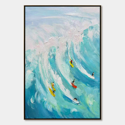 Catching The Wave hand-painted ocean blue, ivory and soft neutral tones textured surfer ocean painting shown with silver frame