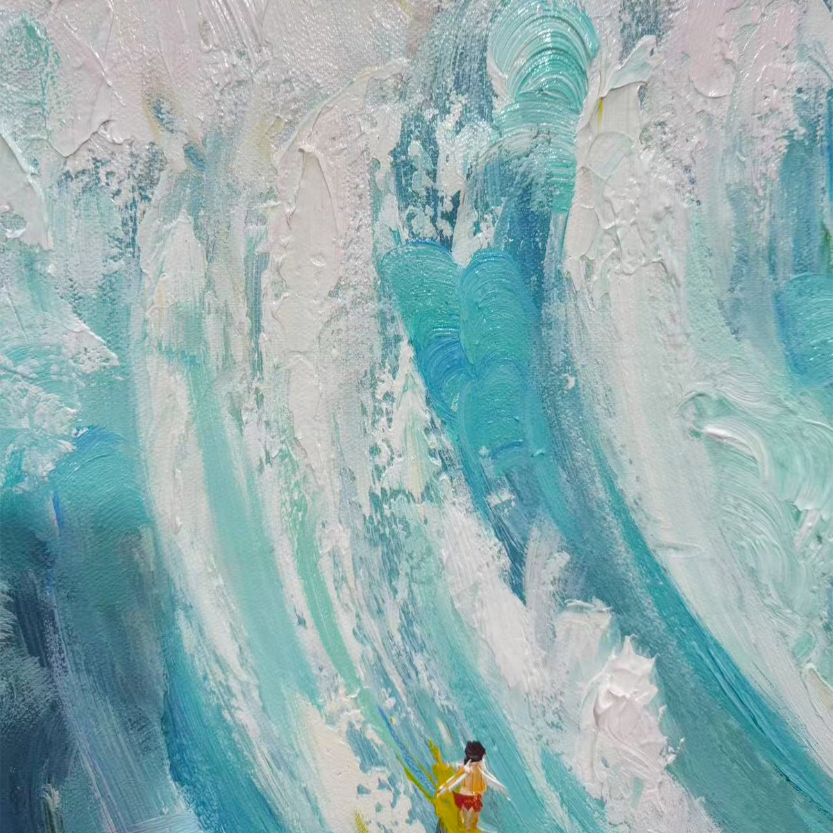 Catching The Wave hand-painted ocean blue, ivory and soft neutral tones textured surfer ocean painting shown with white frame