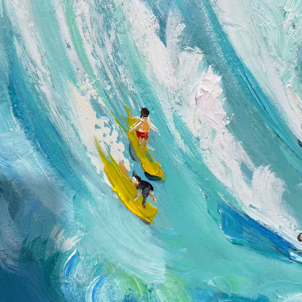 Catching The Wave hand-painted ocean blue, ivory and soft neutral tones textured surfer ocean painting shown as stretched canvas