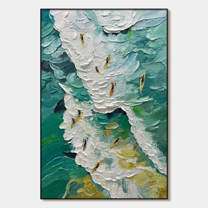 Catching The Wave hand-painted ocean blue, ivory and soft neutral tones textured surfer ocean painting rolled canvas option